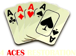 A fanned out hand of four ace playing cards on a transparent background with 4 Aces Restoration written below the cards. The cards are in arranged in the following suit order form left to right: clubs, diamonds, hearts, and spades.